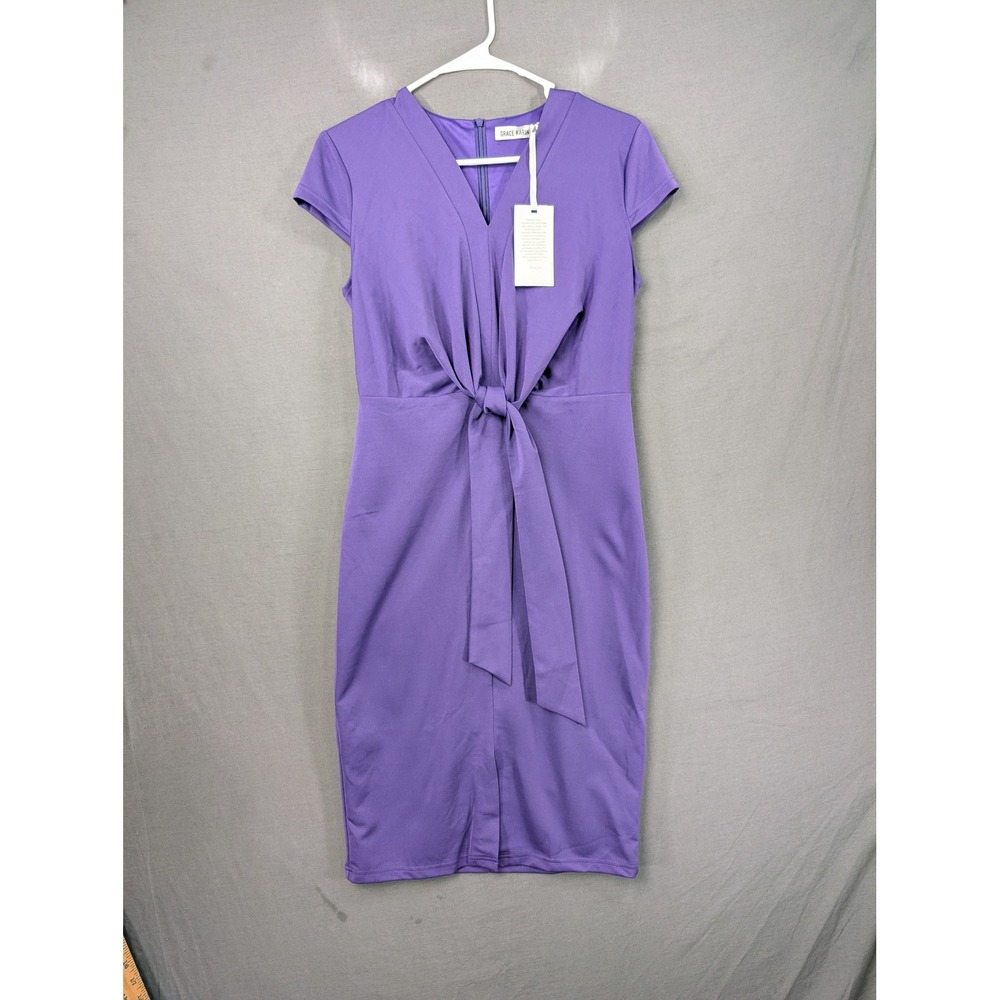 Grace Karin Womens Purple Tie Front V-Neck Sheath Dress Size M Cap Sleeve Zip